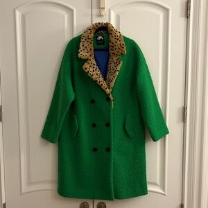 Lazy Oaf Green Boucle Jacket with Leopard Print faux Fur Collar